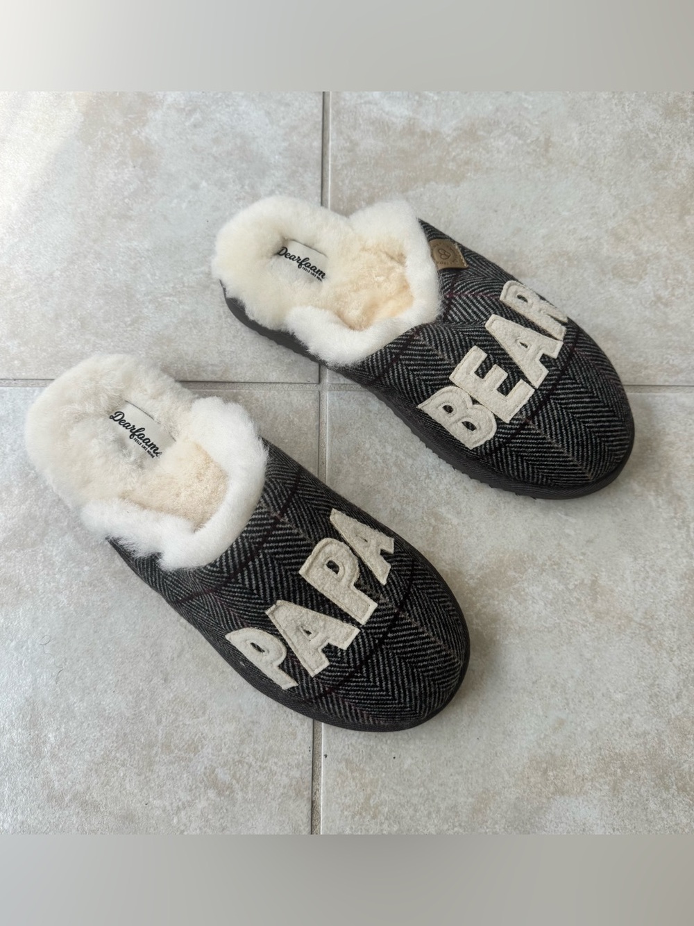 Dearfoams Papa Bear Slippers Mens 10 US Black Herringbone Faux Fur Clogs Sherpa